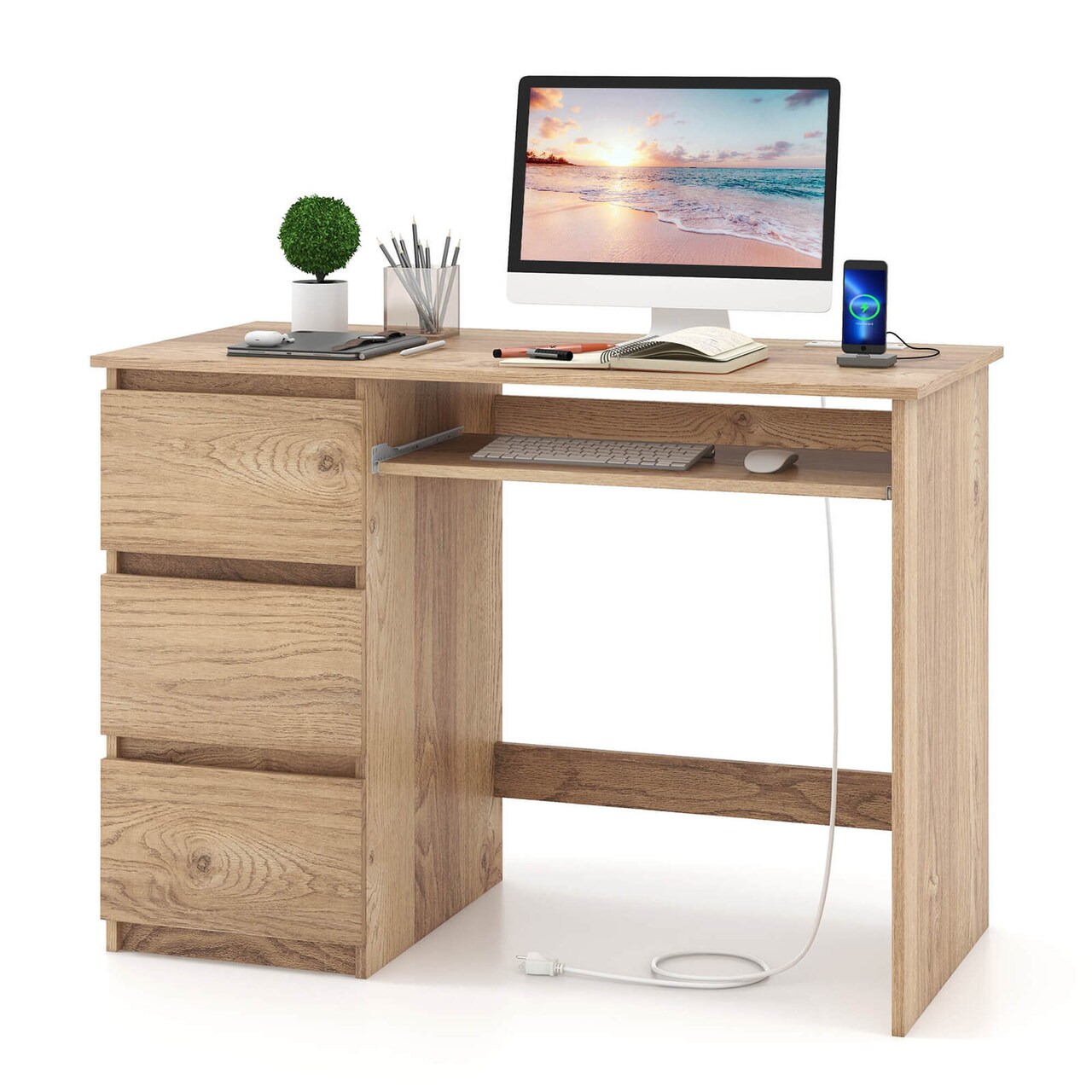 Costway Computer Desk with Power Outlet Keyboard Tray & 3 Large Drawers Type-C & USB Ports White/Natural